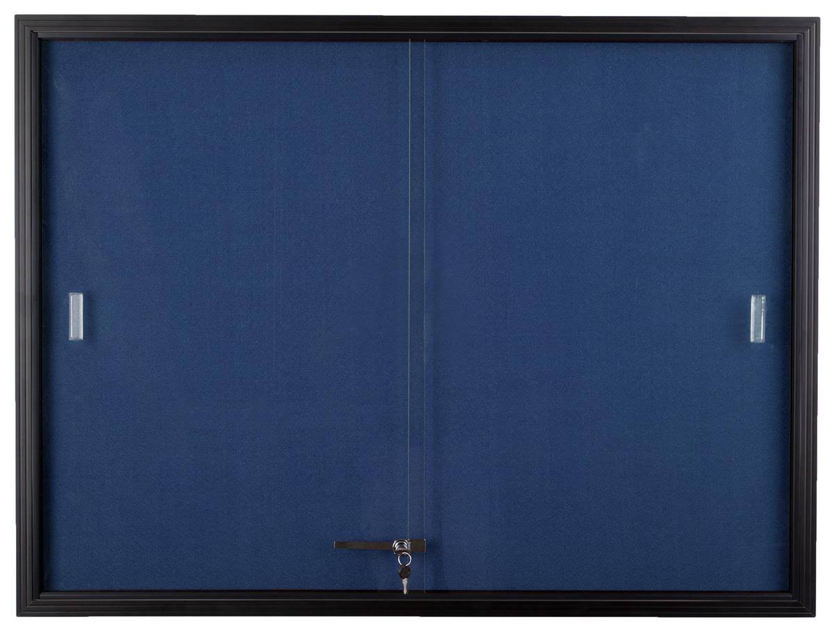 Locking Bulletin Board, 48 inch x 36 inch, Blue Fabric, Sliding Glass Doors (fbsd43bkbl), Black - Megean