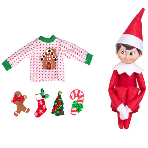 Elf On The Shelf Boy with Ugly Sweater Set - Blue Eyed Boy Elf Doll with 5 Velcro Christmas Accessories Y182