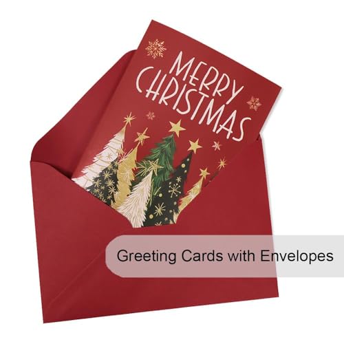GEEORY Boxed Christmas Greeting Cards 5" x 7" Watercolor Xmas Tree & Snowflake, 24 with Envelopes & Stickers T87529