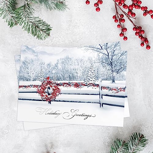 Masterpiece Holiday Greetings Christmas Cards with Snowy Cardinal Wreath, 16 Boxed with Envelopes L381397