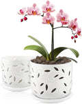 BUYMAX Set of 2 Orchid Pots with Holes & Saucers for Orchid Root Health, 5 inch&6 inch Ceramic Pots for Plants, Effective Drainage and Ventilation to Assist New Plants or Repotting