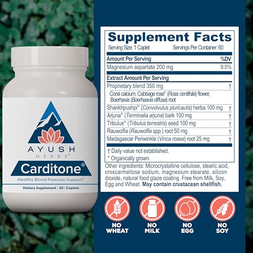 Ayush Herbs Carditone Natural Heart Health Supplement for Women & Men, 60 Vegetarian Caplets Q807002