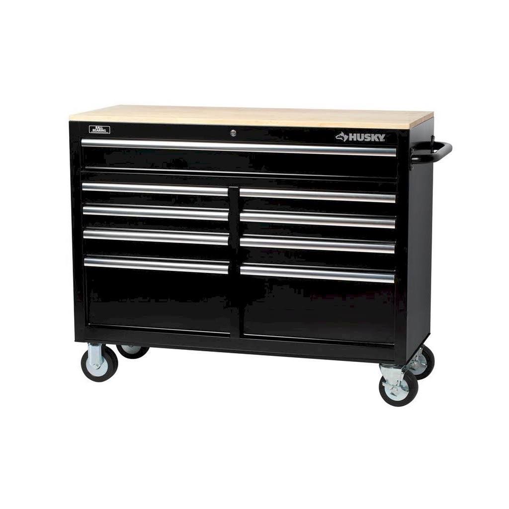 Husky 46 in. 9-Drawer Mobile Workbench with Solid Wood Top, Black - Megean