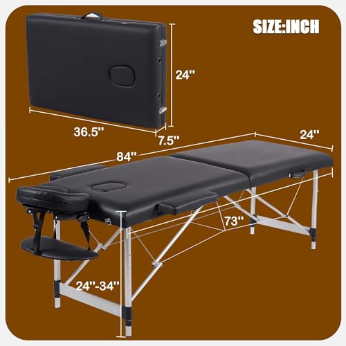 Portable Massage Table 84 Inch with Neck Stretcher, Black Aluminum O188