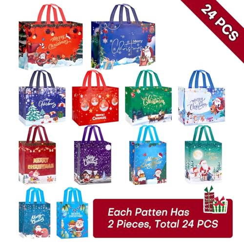 24 Pack Christmas Gift Bags Assorted Sizes Reusable Non-Woven Tote Z5851