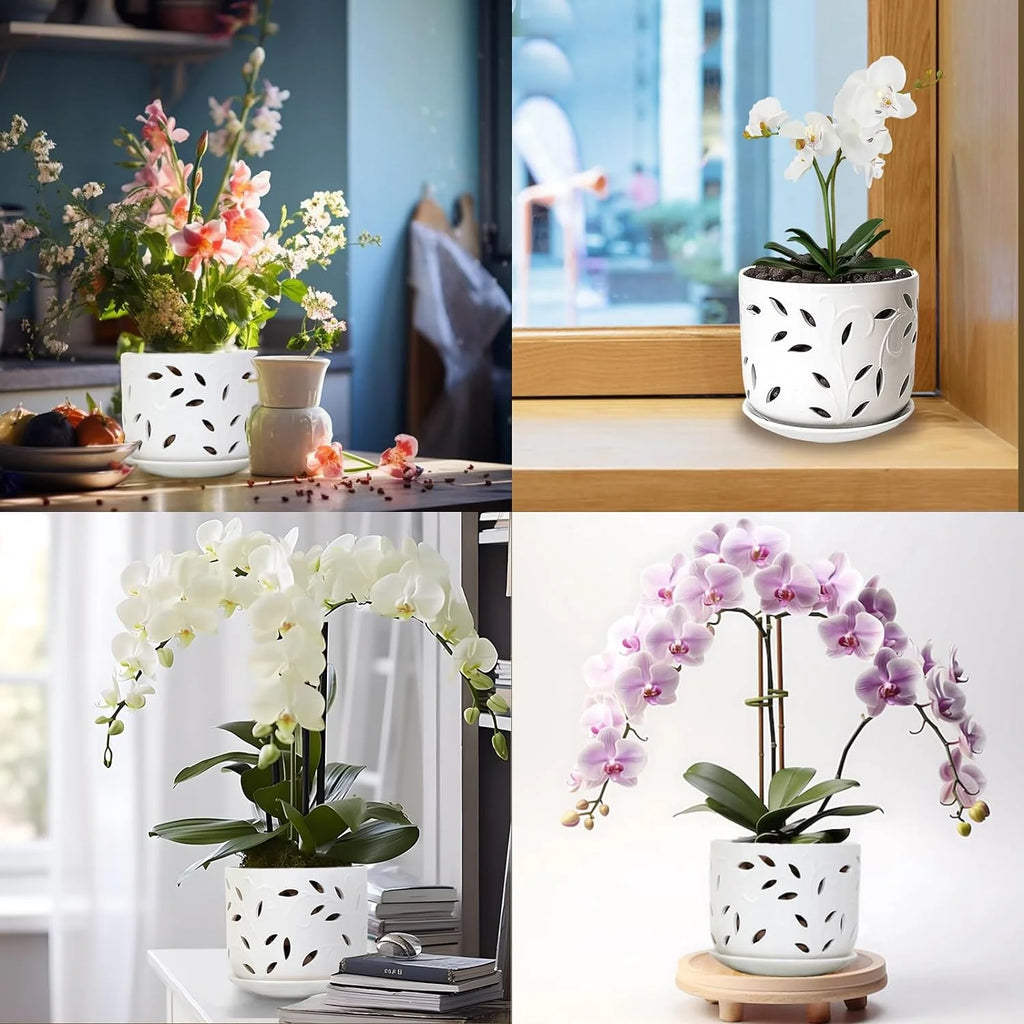BUYMAX Set of 2 Ceramic Orchid Pots with Saucers, 5 & 6 Inch P238530