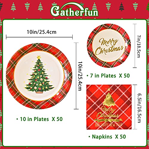 Gatherfun Christmas Tree Red Plaid Disposable Paper Plates and Napkins, Serve 50 M3788