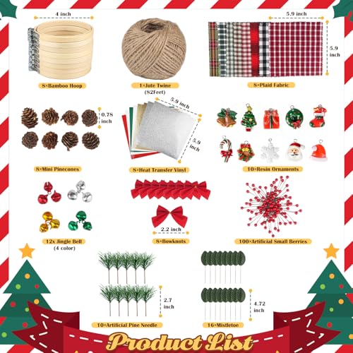 8 Pack DIY Christmas Ornaments Craft Kit with Plaid Fabric Bamboo Hoops Pinecones Berries D112