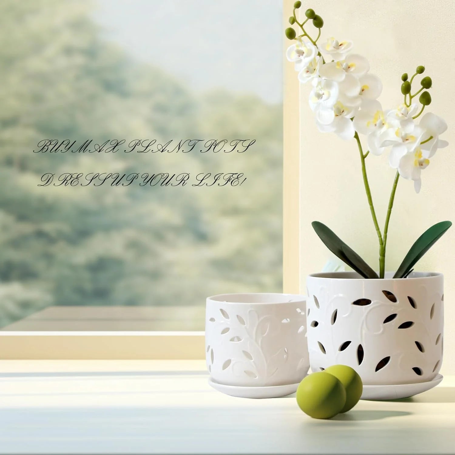 BUYMAX Set of 2 Ceramic Orchid Pots with Saucers, 5 & 6 Inch P238530