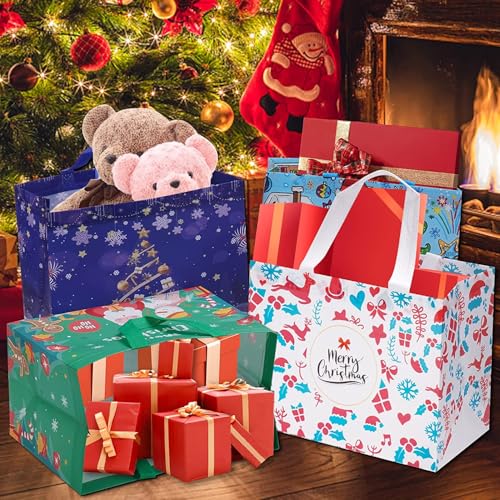 24 Pack Christmas Gift Bags Assorted Sizes with Handle, Non-Woven Reusable Tote I711017