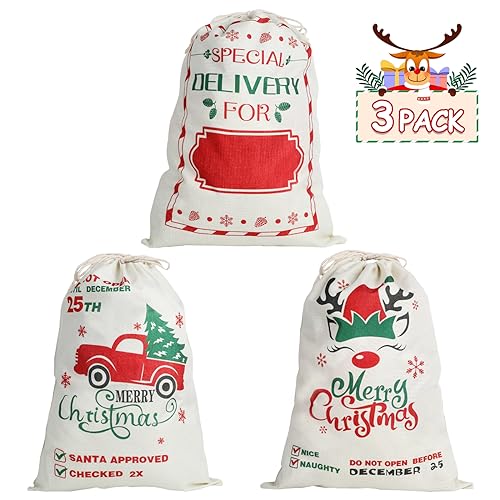 CCINEE 3Pack Christmas Santa Sacks Gift Bags with Drawstring Large Burlap M316521