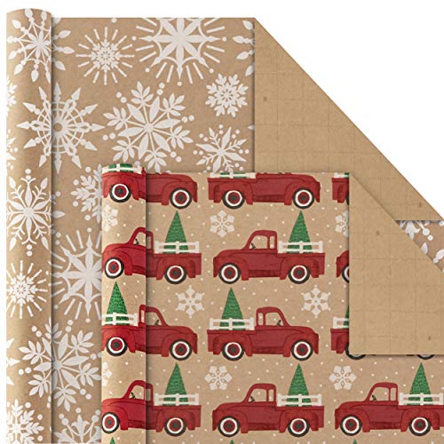 Hallmark Christmas Wrapping Paper Bundle with Cut Lines, Kraft, Red Trucks, 4 Rolls D91100