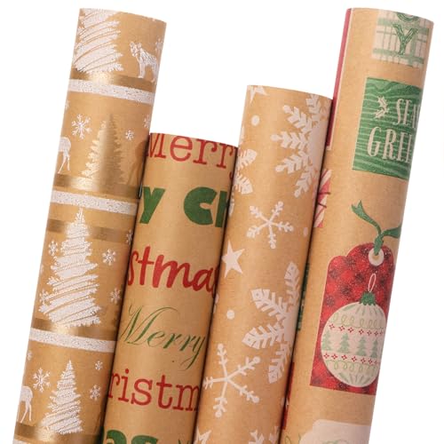 Ribbli Christmas Wrapping Paper, 4 Rolls Vintage Kraft Brown with Black Pattern E817