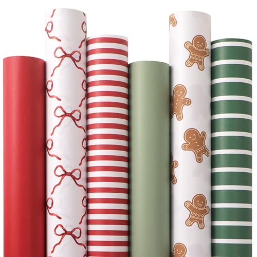 Ribbli Christmas Wrapping Paper Kraft 6 Rolls Red and Green Holiday Assortment 17in x 120in B7897