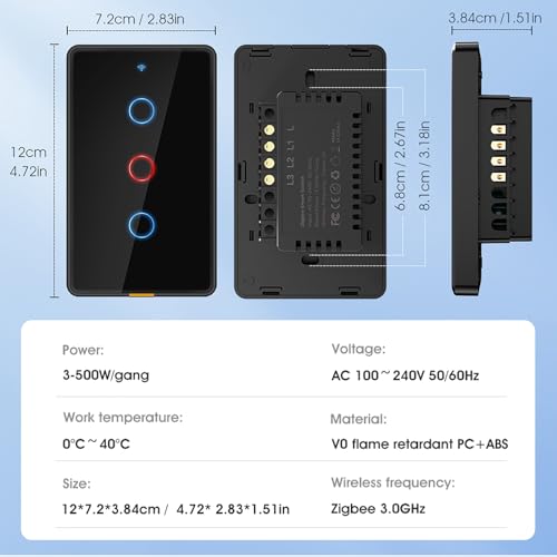 Zigbee Smart Touch Wall Light Switch 3 Gang, No Neutral Wire, Works with Alexa Z88563