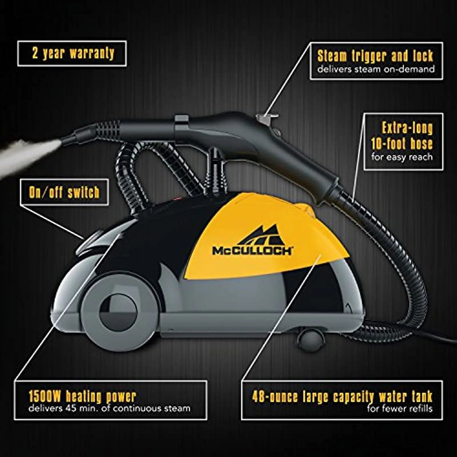 McCulloch MC1275 Heavy-Duty Steam Cleaner with 18 Accessories, Yellow/Grey U77989