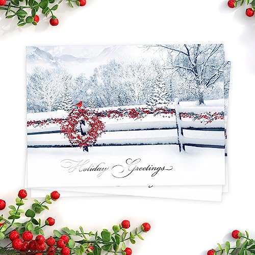 Masterpiece Holiday Greetings Christmas Cards with Snowy Cardinal Wreath, 16 Boxed with Envelopes L381397