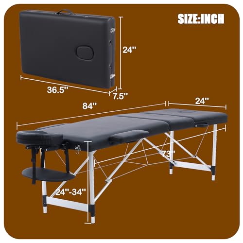 Portable Massage Table 84 Inch with Neck Stretcher, Black Aluminum O188