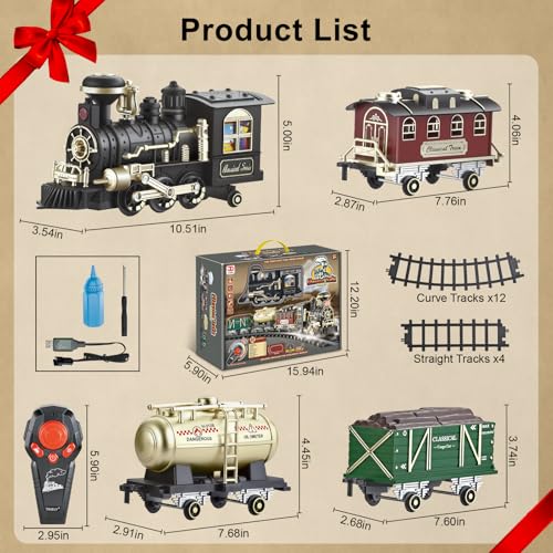 JUQU Christmas Train Set for Kids Ages 3-8 Remote Control Steam Locomotive with Tracks C947409