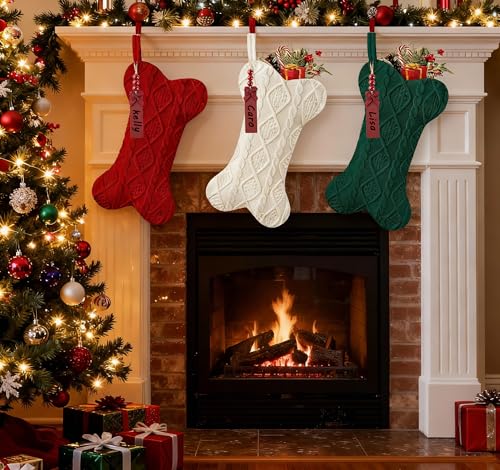 Bone Shaped Dog Christmas Stockings 3 Pack Cable Knit with Name Tag X7669