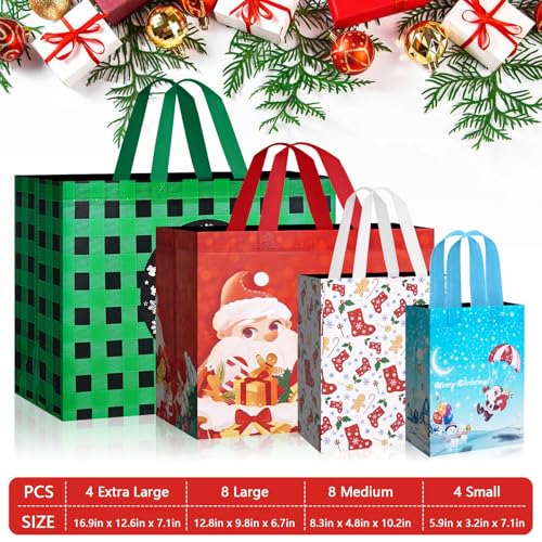 24 Pack Christmas Gift Bags Assorted Sizes with Handle, Non-Woven Reusable Tote I711017