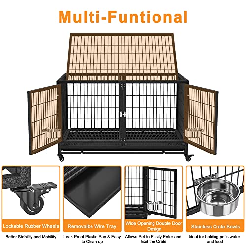 Heavy Duty Dog Crate Cage Kennel for Large Dogs with Removable Trays and Wheels J3652