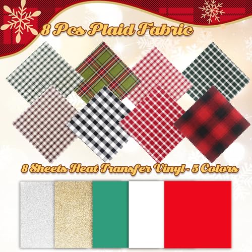 8 Pack DIY Christmas Ornaments Craft Kit with Plaid Fabric Bamboo Hoops Pinecones Berries D112