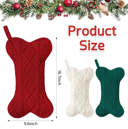 Bone Shaped Dog Christmas Stockings 3 Pack Cable Knit with Name Tag X7669