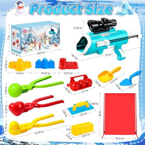DISHIO Snowball Maker Kit with Blaster Launcher, Duck Clips, Molds, Shovel & Carry Bag G9242