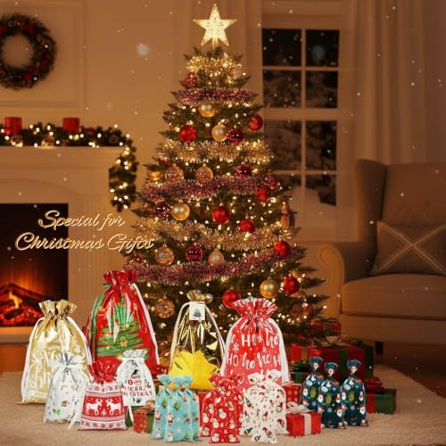 Christmas Gift Bags Set with Drawstring - 80pcs Assorted Sizes for Holiday Gifting I5791
