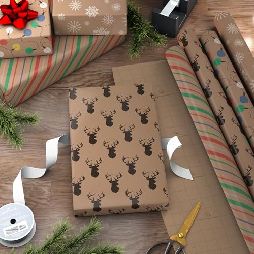 Hallmark Christmas Wrapping Paper Bundle with Cut Lines, Kraft, Red Trucks, 4 Rolls D91100