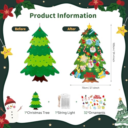 Montessori Felt Christmas Tree for Toddlers with 32 Ornaments and String Lights I83532