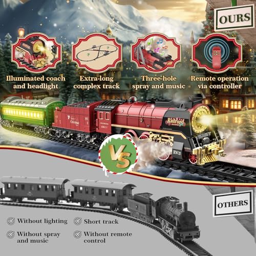 Electric Train Set for Kids with Remote Control, Steam Locomotive with Lights & Sounds F801