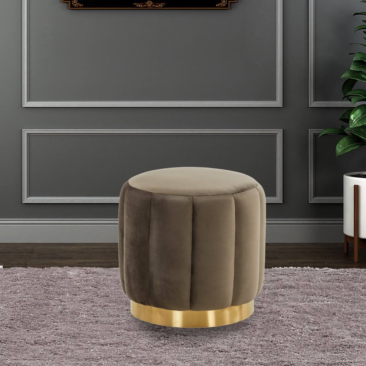 LeisureMod Franklin Round Velvet Ottoman Footrest with Gold Base M946