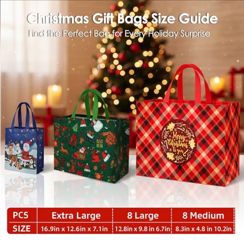 habgp 20 Pack Christmas Gift Bags Assorted Sizes with Handle, Reusable Tote K88379
