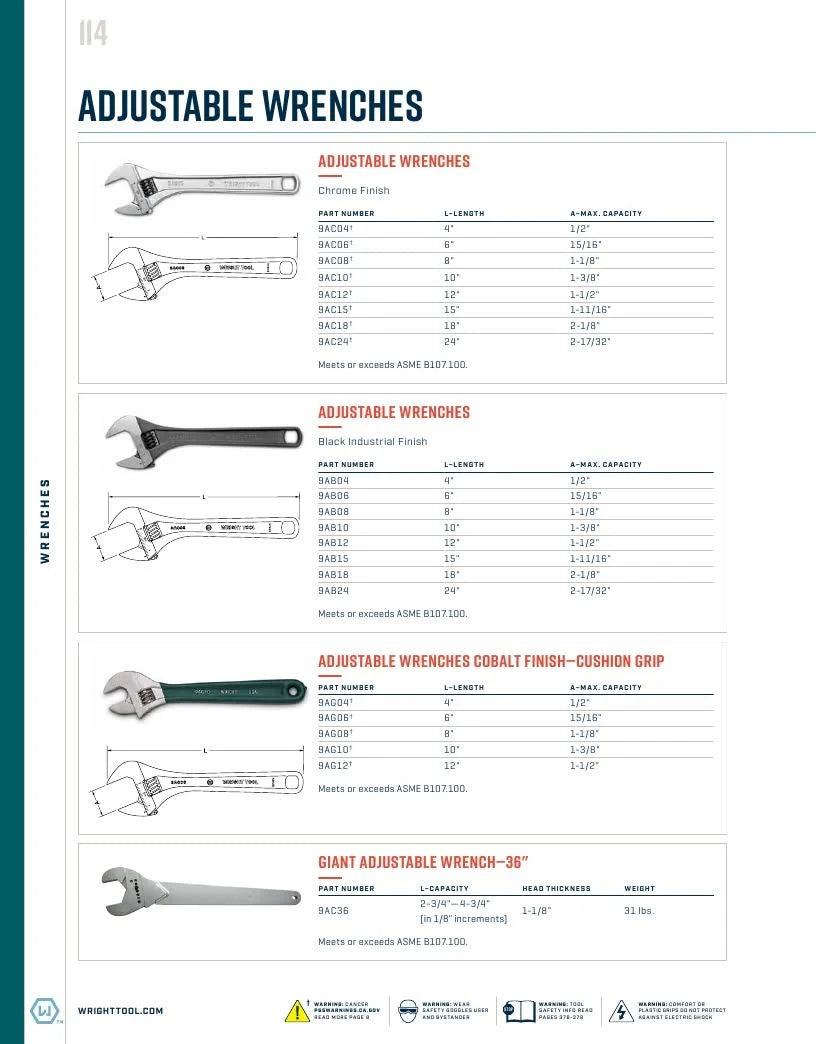 Wright Tool 9AC24 24x22 Adjustable Wrench Chrome J664162