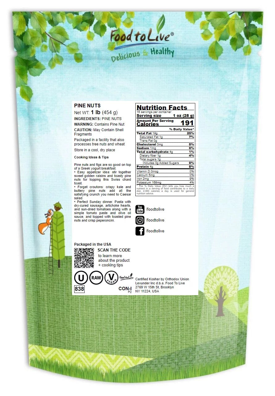 Food to Live Pine Nuts, 1 Pound, Kosher, Vegan, Raw X73388