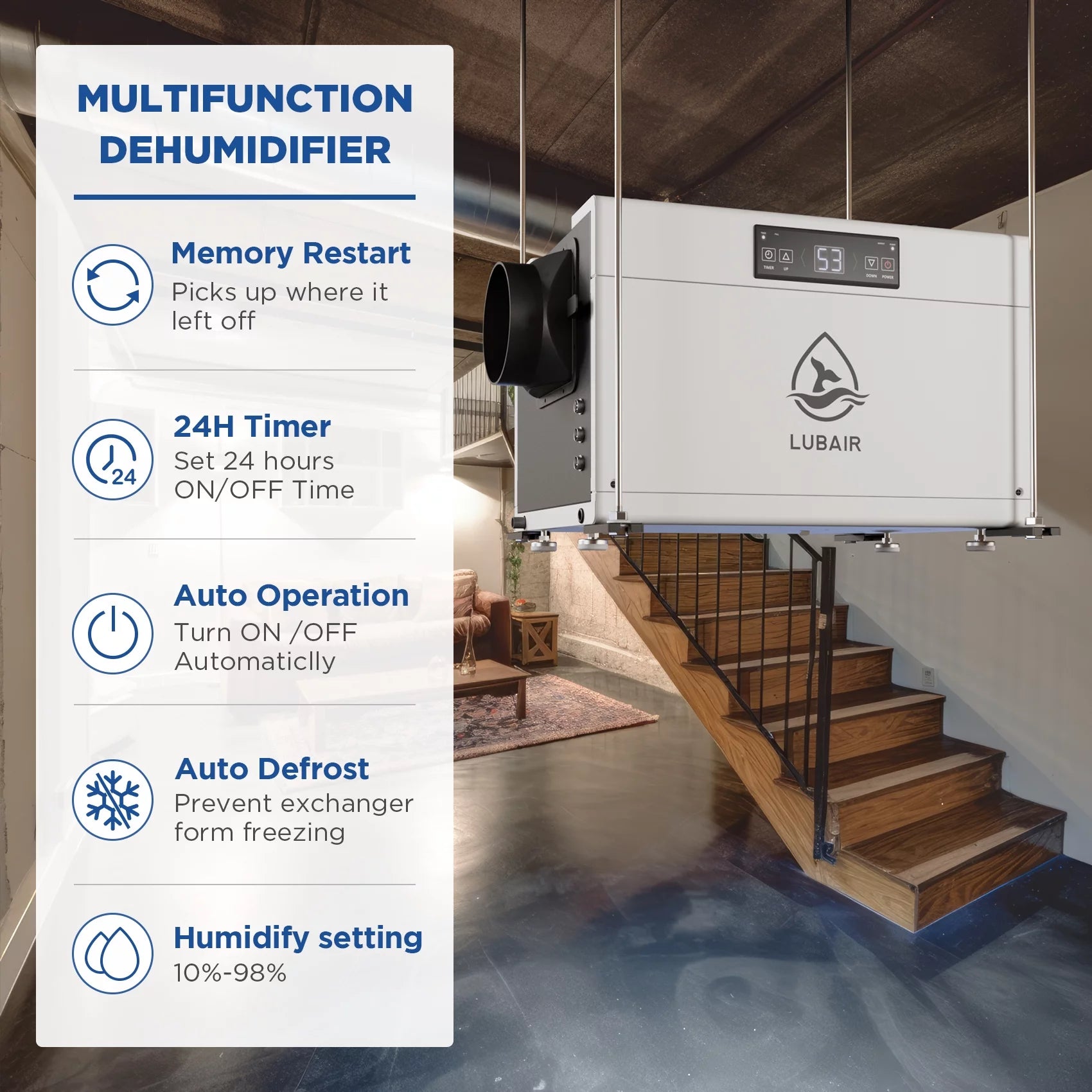 LUBAIR 145 Pints Commercial Dehumidifier for Basement, White A782978