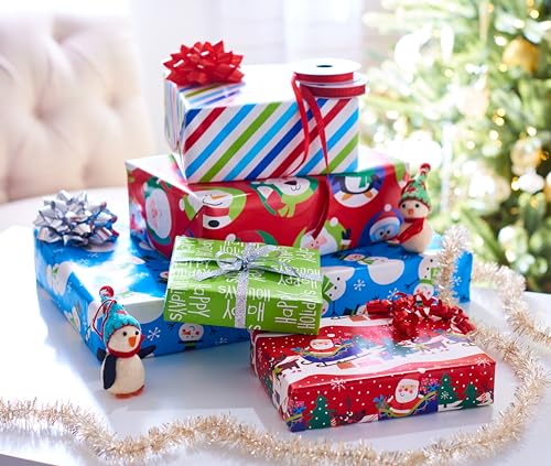 American Greetings Kids Christmas Wrapping Paper Set, 120 sq ft, 4 Rolls with Bows and Tags I837576