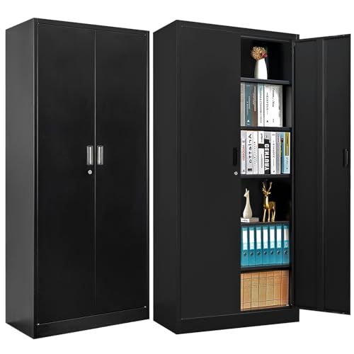 Metal Storage Cabinet 71" White Locking Steel Cabinet with 2 Doors and 5 Shelves U4003