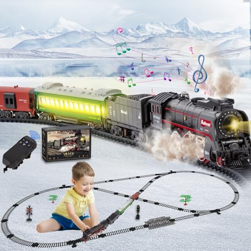 Electric Train Set for Kids with Remote Control, Steam Locomotive with Lights & Sounds F801