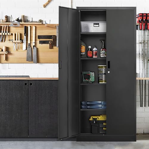 Metal Storage Cabinet 71" White Locking Steel Cabinet with 2 Doors and 5 Shelves U4003